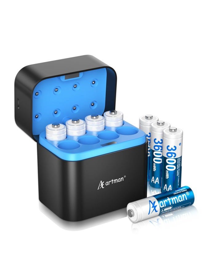A Artman بطاريات ليثيوم AA قابلة لإعادة الشحن من آرتمان 8-pack 3600mWh مع شاحن سريع، بطاريات ليثيوم AA لكاميرا بلينك الخارجية، 1.5 فولت خرج ثابت بطارية AA قابلة لإعادة الشحن حتى 2000+ دورة - Image 1
