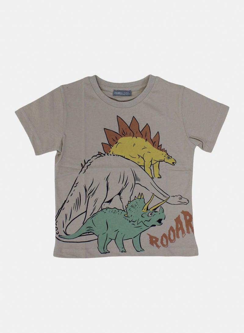 Pompelo Boys Cotton T-Shirt – Beige with Dino Print - Image 1