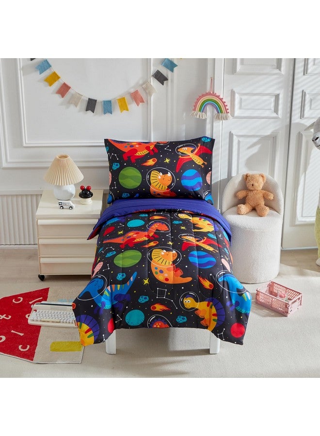 Uozzi Bedding طقم سرير للأطفال مكون من 4 قطع للأولاد والبنات - سرير في حقيبة بتصميم ديناصور برتقالي كرتوني فائق النعومة - طقم لحاف، ملاءة مشدودة، ملاءة مسطحة، غطاء وسادة - أسود - Image 2