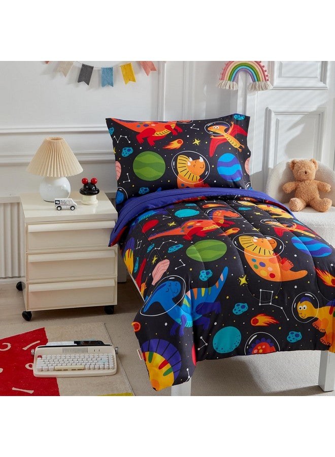 Uozzi Bedding طقم سرير للأطفال مكون من 4 قطع للأولاد والبنات - سرير في حقيبة بتصميم ديناصور برتقالي كرتوني فائق النعومة - طقم لحاف، ملاءة مشدودة، ملاءة مسطحة، غطاء وسادة - أسود - Image 4