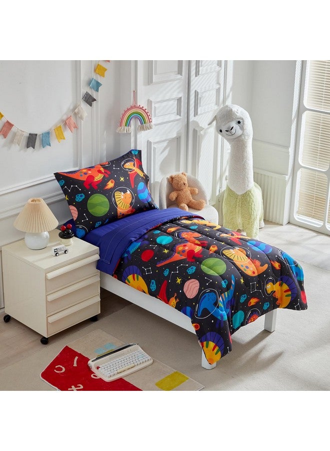 Uozzi Bedding طقم سرير للأطفال مكون من 4 قطع للأولاد والبنات - سرير في حقيبة بتصميم ديناصور برتقالي كرتوني فائق النعومة - طقم لحاف، ملاءة مشدودة، ملاءة مسطحة، غطاء وسادة - أسود - Image 3