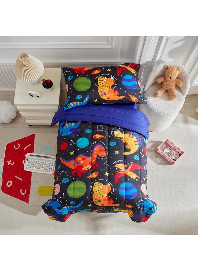 Uozzi Bedding طقم سرير للأطفال مكون من 4 قطع للأولاد والبنات - سرير في حقيبة بتصميم ديناصور برتقالي كرتوني فائق النعومة - طقم لحاف، ملاءة مشدودة، ملاءة مسطحة، غطاء وسادة - أسود - Image 1