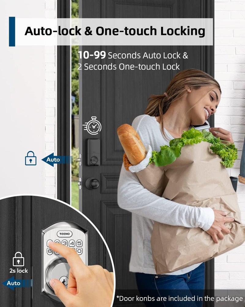 TEEHO TE001K Keyless Entry Door Lock with Handle, Electronic Keypad Deadbolt with 2 Knobs, High-Security Front Door Handle Set for Home & Rental, Smart Auto-Locking, Easy Install, Satin Nickel - Image 3