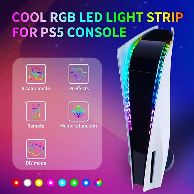 eXtremeRate RGB LED Light Strip for ps5 Console, 7 Colors 29 Effects DIY Decoration Accessories Flexible Tape Lights Strips Kit for ps5 Console with Memory Function, IR Romote Control - Image 1