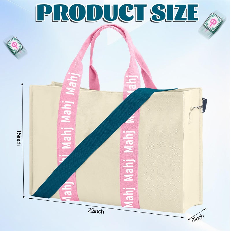 Locmeo Empty Mahjong Bag for Tiles 22x15x6 Inches Thickened Canvas Mahjong Carrying Tote Bag with Lining and Thicker Handle for Enthusiasts Women or Men Party Supplies, Case Only(White and Pink) - Image 2