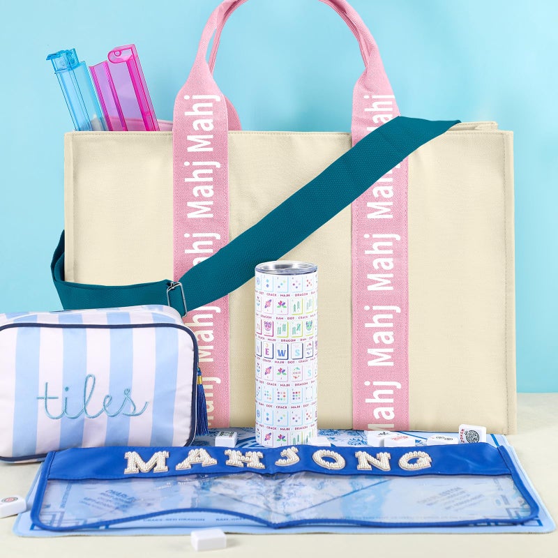 Locmeo Empty Mahjong Bag for Tiles 22x15x6 Inches Thickened Canvas Mahjong Carrying Tote Bag with Lining and Thicker Handle for Enthusiasts Women or Men Party Supplies, Case Only(White and Pink) - Image 4