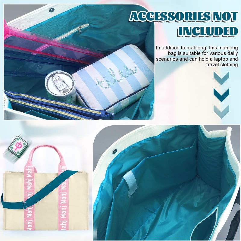 Locmeo Empty Mahjong Bag for Tiles 22x15x6 Inches Thickened Canvas Mahjong Carrying Tote Bag with Lining and Thicker Handle for Enthusiasts Women or Men Party Supplies, Case Only(White and Pink) - Image 3