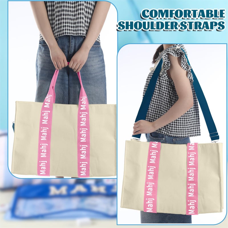 Locmeo Empty Mahjong Bag for Tiles 22x15x6 Inches Thickened Canvas Mahjong Carrying Tote Bag with Lining and Thicker Handle for Enthusiasts Women or Men Party Supplies, Case Only(White and Pink) - Image 5