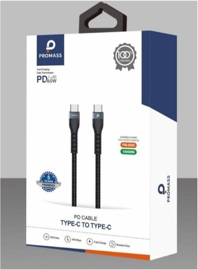 بروماس كابل PD من Type-C إلى Type-C - كابل USB-C للشحن السريع ومزامنة البيانات بقوة 60 وات، 1 متر مضفر من النايلون - Image 1