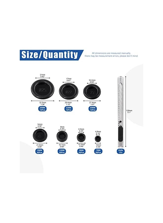 Glarks - Glarks 181Pcs Closed Rubber Grommet Assortment, 7 Size Firewall Hole Plug Set Rubber Grommets Electrical Wire Gasket with 1Pc Retractable Knife for Wire, Plug, Automotive, Plumbing - Image 1