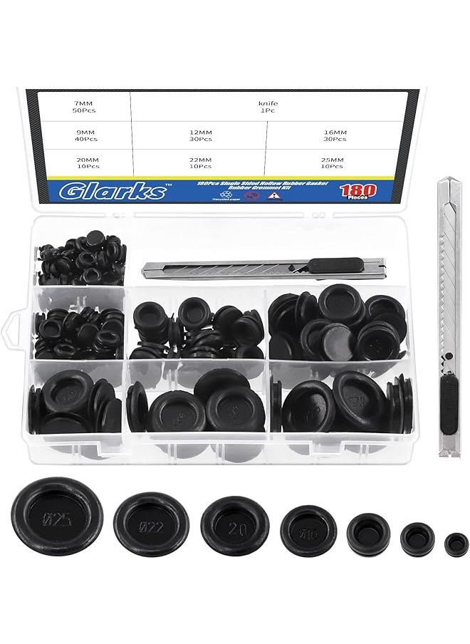 Glarks - Glarks 181Pcs Closed Rubber Grommet Assortment, 7 Size Firewall Hole Plug Set Rubber Grommets Electrical Wire Gasket with 1Pc Retractable Knife for Wire, Plug, Automotive, Plumbing - Image 1