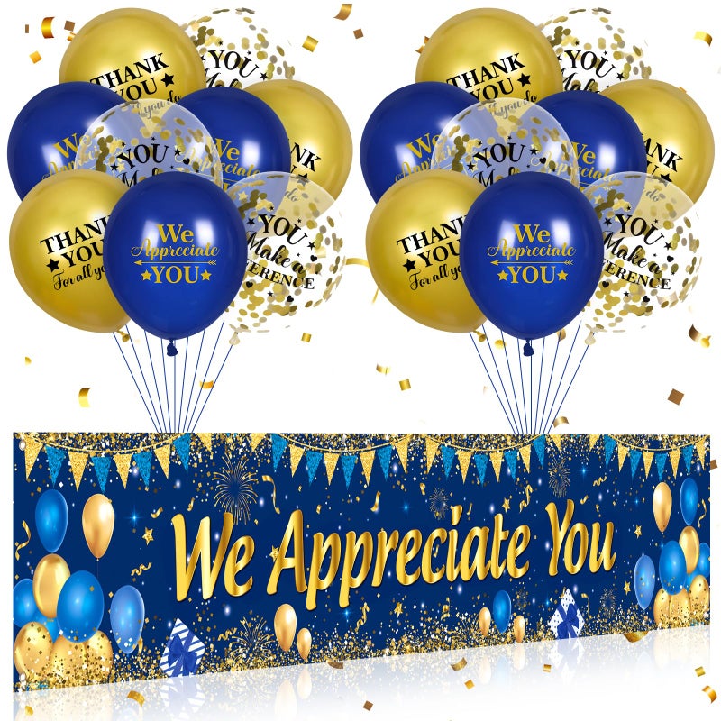 Yoirrat We Appreciate You Decorations Blue Gold Appreciate You Banner Yard Sign with 18 Pcs Balloons Thank You for All You Do Banner Employee Staff Appreciation Gifts Teacher Doctor Appreciation Party Decor - Image 2