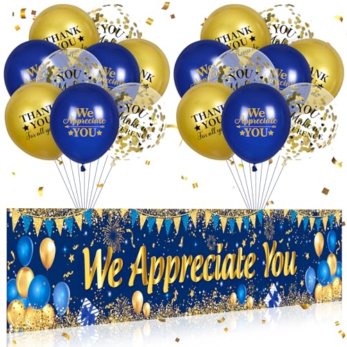 Yoirrat We Appreciate You Decorations Blue Gold Appreciate You Banner Yard Sign with 18 Pcs Balloons Thank You for All You Do Banner Employee Staff Appreciation Gifts Teacher Doctor Appreciation Party Decor - Image 1