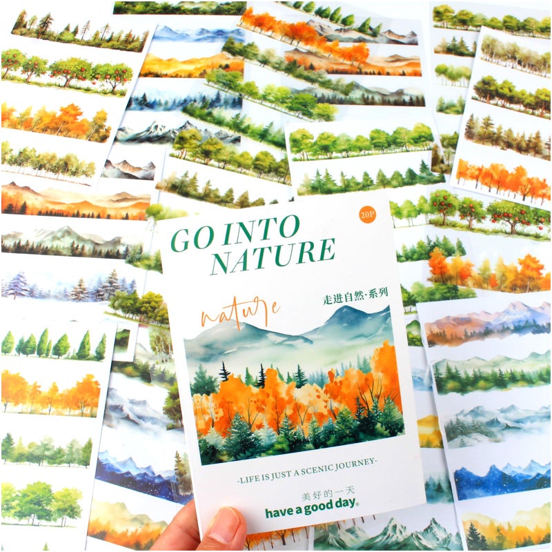 Dwpetzo 20 Sheets Nature Landscape Pre-Cut Journaling Stickers Book for Junk Journaling, Scrapbooking, Collage, Planner, Album, Transparent PET and Washi Stickers for Adults - Image 1