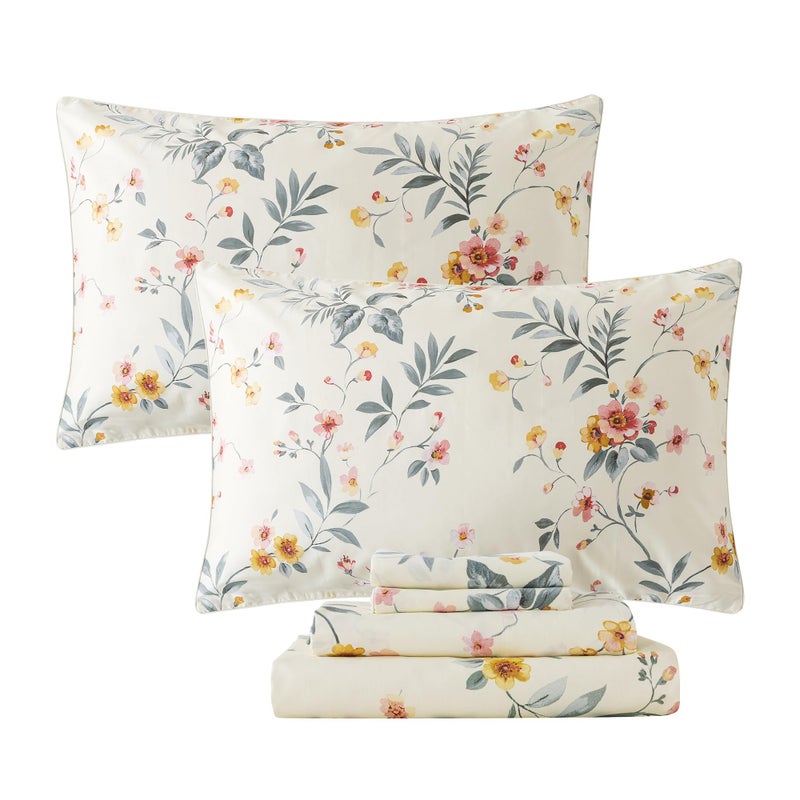 مجموعة شراشف فادفاي كاملة بتصميم شابي بيج مزهرة أنيقة من بيوني مجموعة شراشف زهور عتيقة ناعمة 100% قطن مصري 800 خيط جيب عميق شراشف ملائمة 4 قطع بالحجم الكامل