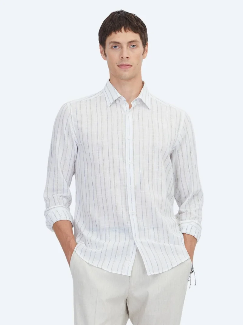 كيب قميص قطني طويل مخطط باللون الأزرق الداكن، بقصة عادية، مصنوع من مزيج القطن.