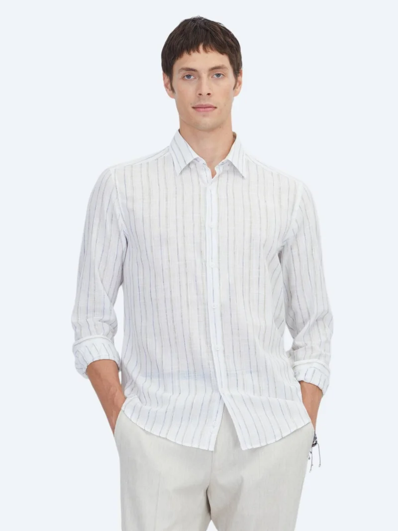 Kip Navy Blue Striped Regular Fit Long Weaving Casual Cotton Blended Shirt