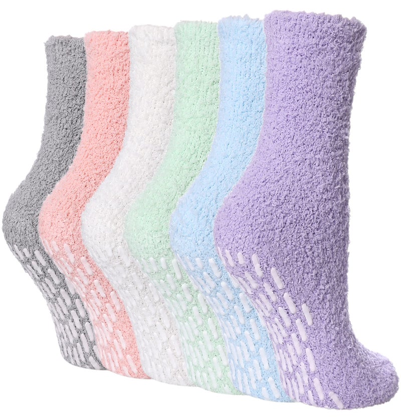 FNOVCO Non Slip Socks for Women Winter Warm Cozy Fuzzy Slipper Socks Soft Fluffy Hospital Socks with Grips (6 Pairs Candy Color) - Image 1