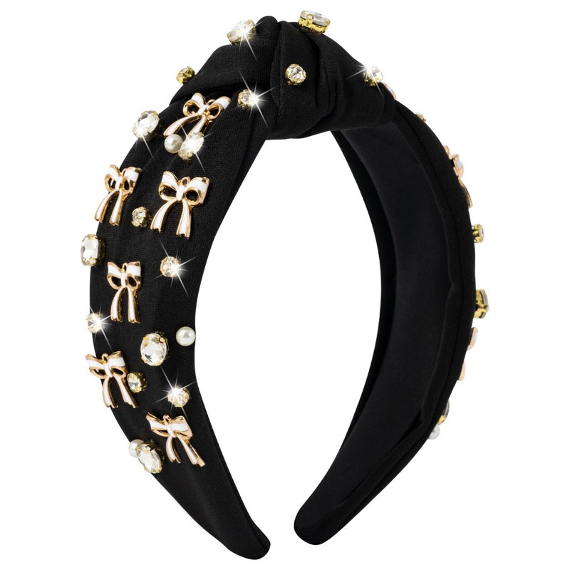 PANTIDE Easter Bunny Jeweled Knotted Headband - Rabbit Rhinestone Crystal Embellished Headband Wide Top Knot Fashion Hairband Hair Accessories Easter Spring Birthday Gift for Women Girls (White) - Image 1