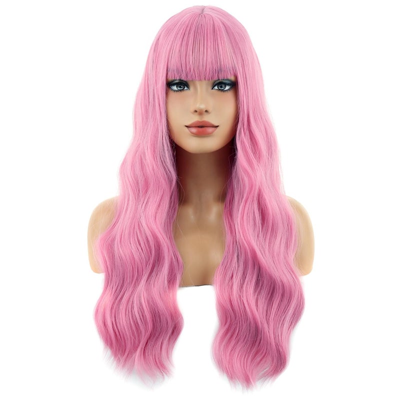 BERON 26 Inches Pink Wig with Bangs Long Curly Pink Wig Wigs for Women Daily Party Hairnet Include - Image 3