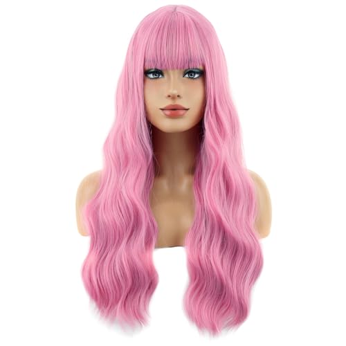 BERON 26 Inches Pink Wig with Bangs Long Curly Pink Wig Wigs for Women Daily Party Hairnet Include - Image 1