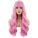 BERON 26 Inches Pink Wig with Bangs Long Curly Pink Wig Wigs for Women Daily Party Hairnet Include - Image 2