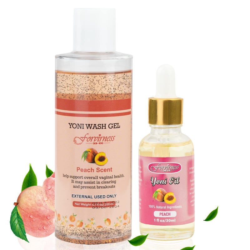 forvirness Natural Feminine Wash Yoni Oil Set Vaginal Cleanser with Cleaning Factor Yoni Wash for Women pH Balance1 floz Peach Feminine Oil 67 floz Intimate Cleanser - Image 1