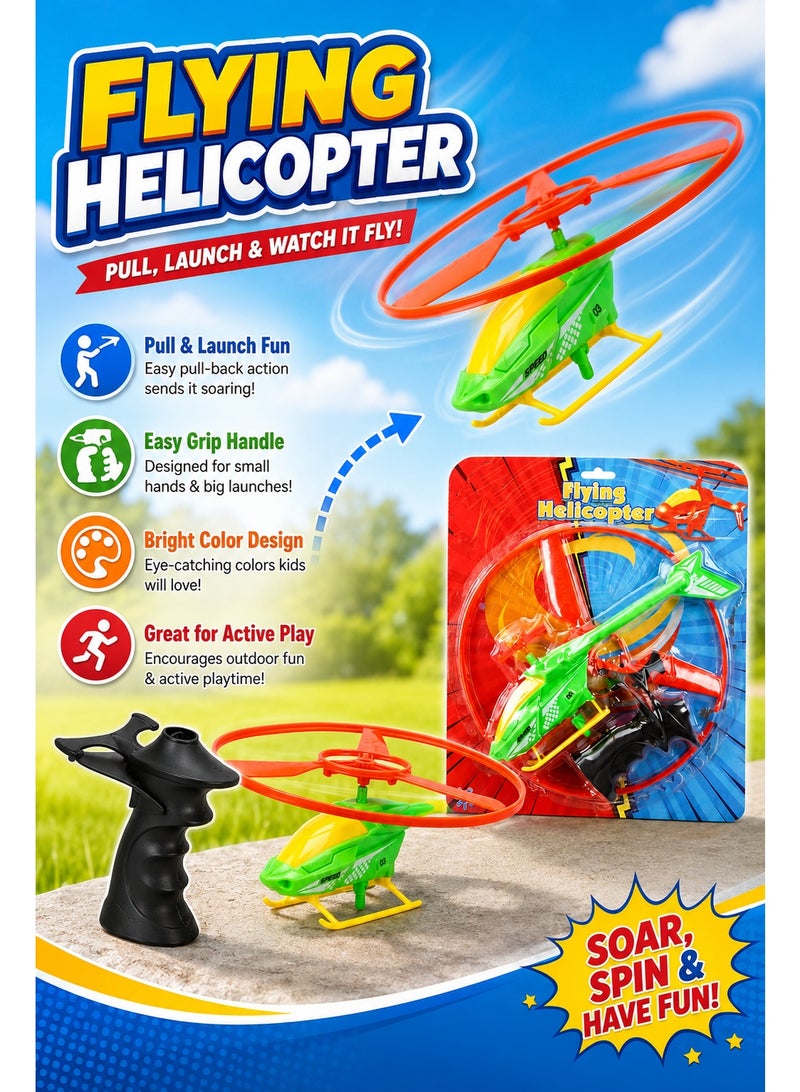 Flying Helicopter Toy with Hand Launcher, Pull Launch Rotor Helicopter Play Set for Kids, Lightweight Outdoor Flying Toy for Park, Garden, Backyard and Active Play - Image 2