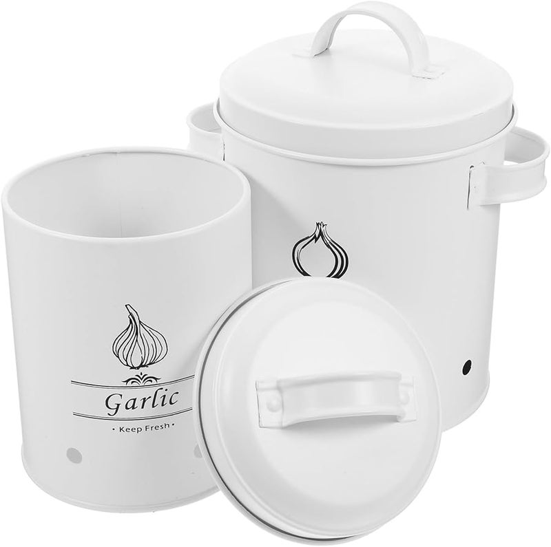Metal Onion Garlic Potato Storage Jars Set Ventilated Kitchen Canisters White Pantry Vegetable Keepers - Image 1