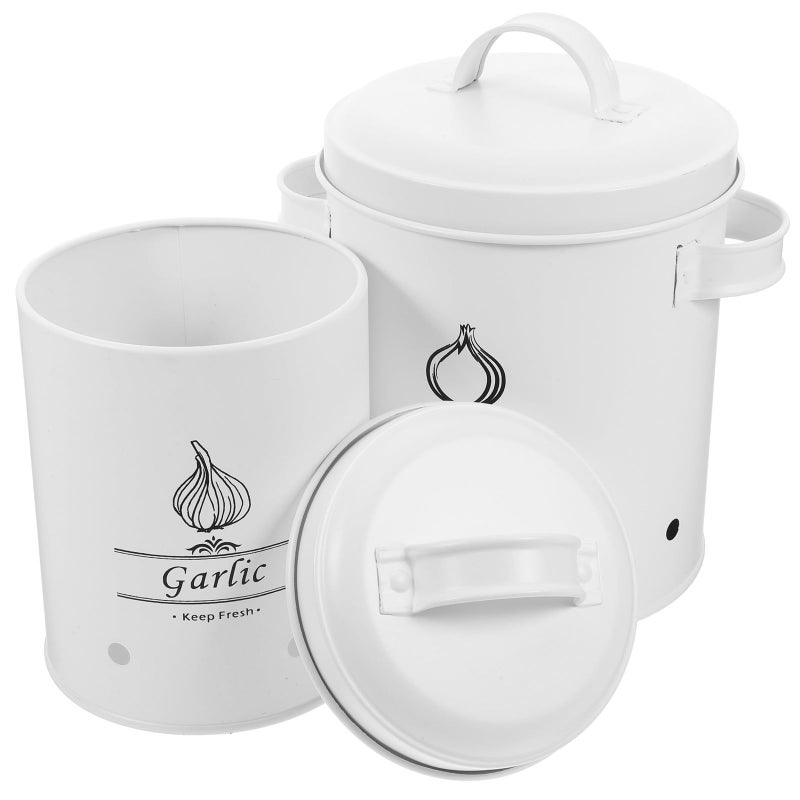 Metal Onion Garlic Potato Storage Jars Set Ventilated Kitchen Canisters White Pantry Vegetable Keepers - Image 2