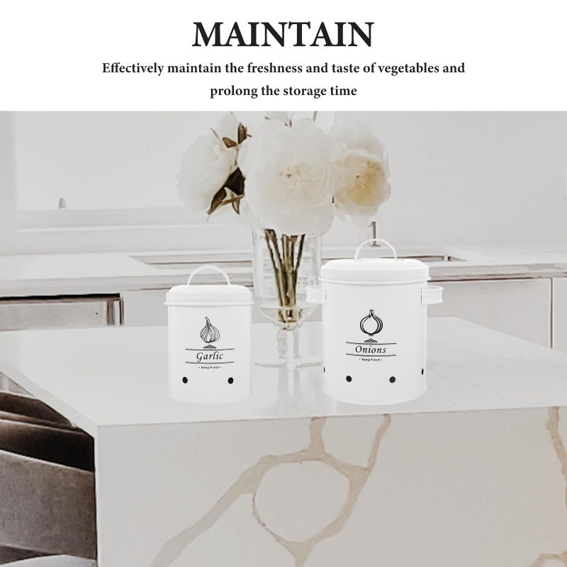 Metal Onion Garlic Potato Storage Jars Set Ventilated Kitchen Canisters White Pantry Vegetable Keepers - Image 4