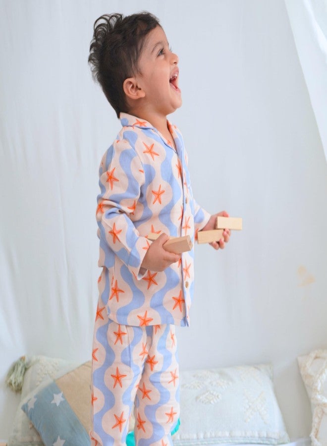 Cocoon Care Muslin Cotton Printed Night Suit for Boys and Girls | Sleepwear for Babies | Winter Pajama Set for Kids | Night wear for Baby | 6-12M | Blue - Image 3