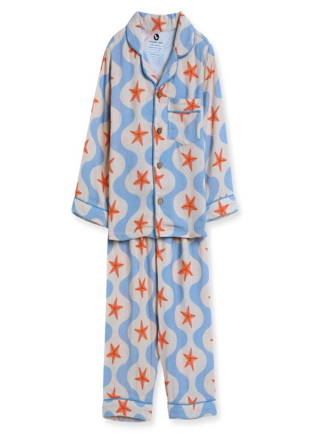 Cocoon Care Muslin Cotton Printed Night Suit for Boys and Girls | Sleepwear for Babies | Winter Pajama Set for Kids | Night wear for Baby | 6-12M | Blue - Image 1
