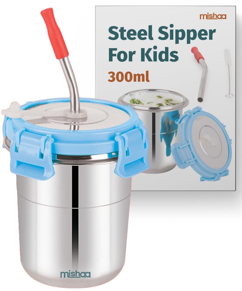 Mishaa 300ml Stainless Steel Tumbler for Kids 1 Pc, Stylish Drinkware with Leak-Proof Straw, Secure Lid & Handy Cleaning Brush, Sky Blue - Image 1