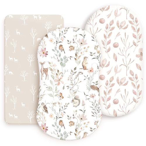 GRSSDER Stretchy Ultra Soft Fitted Bassinet Sheets 3 Pack Universal Fit for Baby Cradle Moses Basket Oval Rectangle Mattress Safe and Snug Beautiful Blush Pink Floral Bassinet Sheet for Girls