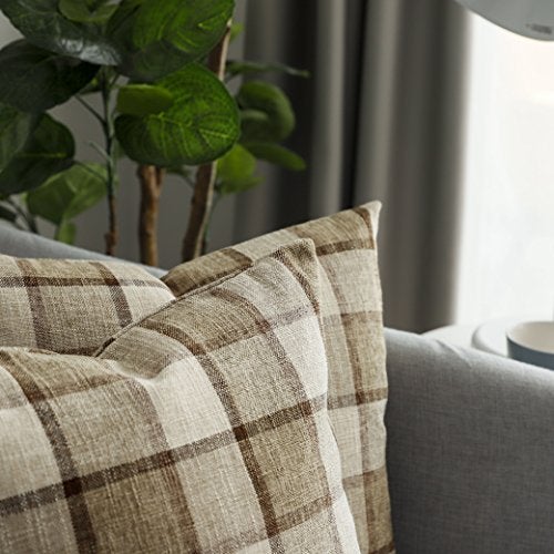 UGS UGASA UGASA Classic Retro Checkered Plaids Cotton Linen Cushion Cover Square Throw Pillow Cover 5 Tone Modern Farmhouse Cushion for Sofa, 18x18 Inch(45cm), Set of 2, Natural + Brown - Image 3