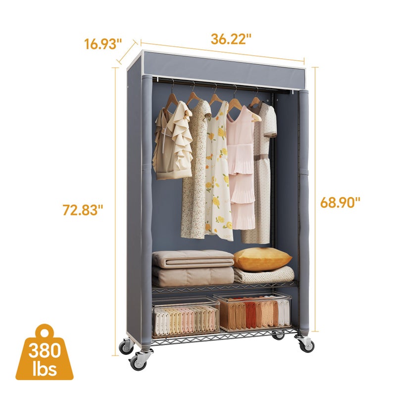 Higeego H4 Heavy Duty Clothes Rack with Cover, Rolling Garment Rack on Wheels, Portable Closet for Hanging Clothes, Black Clothing Rack with Grey Cover, Max Load 380LBS - Image 4