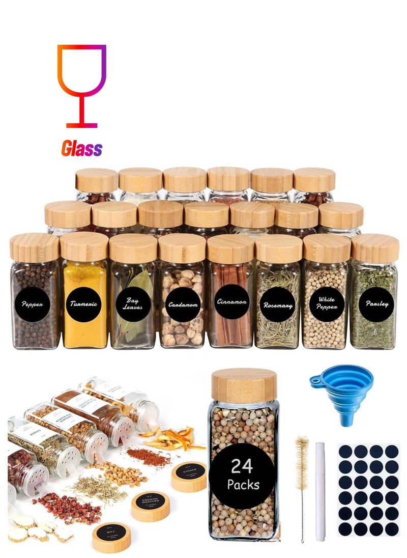 TYCOM Spice Jars With Labels for Kitchen Organizing Drawers 120 Ml Glass Jars With Cleaning Brush and Collapsible Funnel Food Storage Jars 24 Pcs With Bamboo Lids.  - Image 1