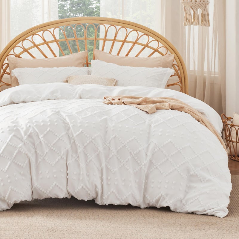 Bedsure 4 Pieces Boho Duvet Cover Set with Fitted Sheet King Size, Includes 1 Duvet Cover (265 cm x 230 cm) with Zipper Closure, 2 Pillow Shams (50 x 90 cm), 1 Fitted Sheet (198 cm x 203 cm) , White - Image 1