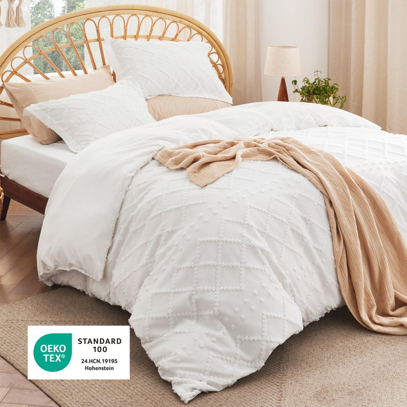 Bedsure 4 Pieces Boho Duvet Cover Set with Fitted Sheet King Size, Includes 1 Duvet Cover (265 cm x 230 cm) with Zipper Closure, 2 Pillow Shams (50 x 90 cm), 1 Fitted Sheet (198 cm x 203 cm) , White - Image 4