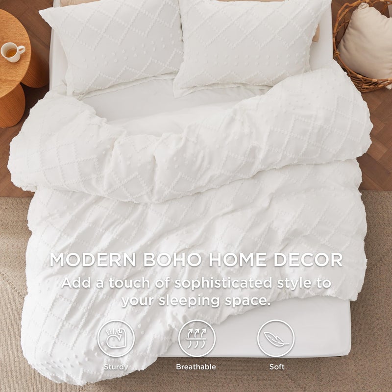 Bedsure 4 Pieces Boho Duvet Cover Set with Fitted Sheet King Size, Includes 1 Duvet Cover (265 cm x 230 cm) with Zipper Closure, 2 Pillow Shams (50 x 90 cm), 1 Fitted Sheet (198 cm x 203 cm) , White - Image 3