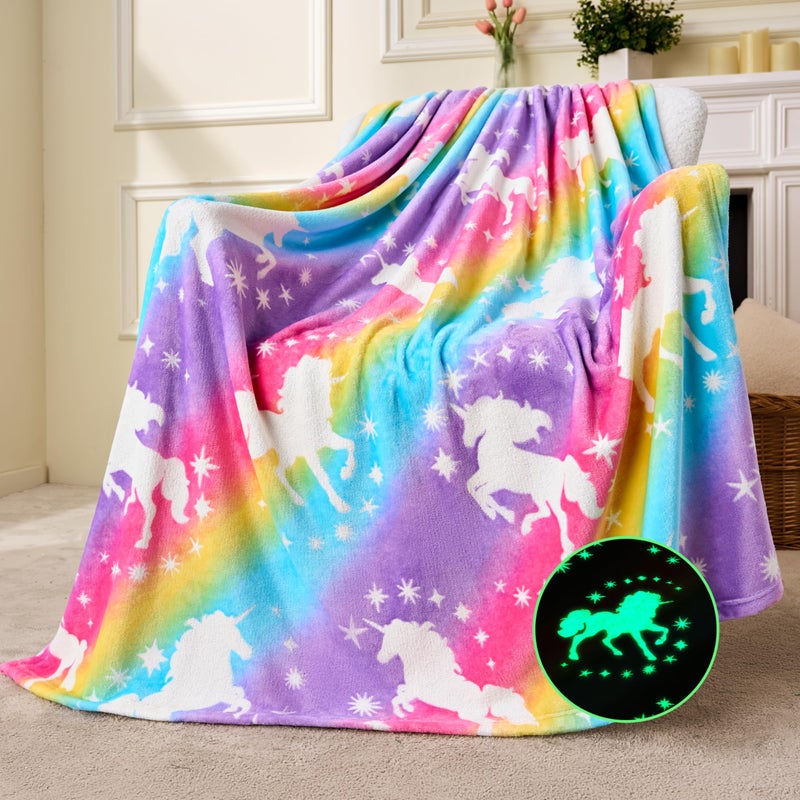 Joiedomi Glow in The Dark Blanket - Pink Unicorn Gifts for Girls Age 2 3 4 5 6 7 8 9 10 11 12 Year Old - Soft Cozy Flannel Kids Throw Blanket  Birthday Bedroom Decor 50""?60"" - Image 1