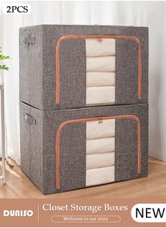 DUNISO 2 Pack Clothes Storage Bags,100L Clothing Storage Bins,Foldable Linen Cloth Steel Frame Storage Box with Clear Window & Reinforced Handles ,Storage Containers for Organizing Bedroom Closet Clothing - Light Grey  - Image 1