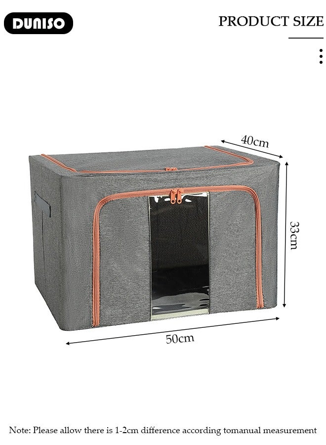 DUNISO 2 Pack Clothes Storage Bags,100L Clothing Storage Bins,Foldable Linen Cloth Steel Frame Storage Box with Clear Window & Reinforced Handles ,Storage Containers for Organizing Bedroom Closet Clothing - Light Grey  - Image 4