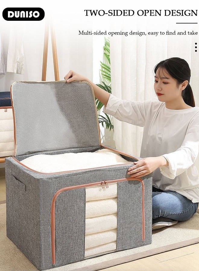 DUNISO 2 Pack Clothes Storage Bags,100L Clothing Storage Bins,Foldable Linen Cloth Steel Frame Storage Box with Clear Window & Reinforced Handles ,Storage Containers for Organizing Bedroom Closet Clothing - Light Grey  - Image 5