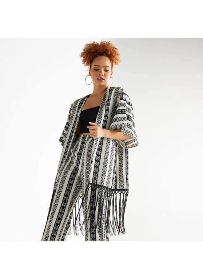 FAV All-Over Print Open Front Kimono Shrug with Fringes