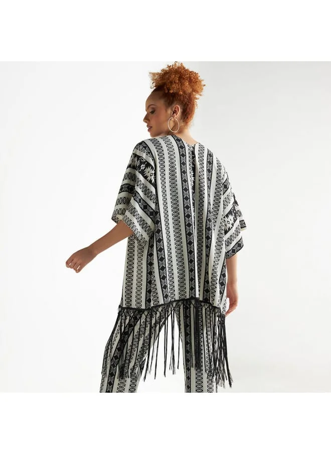 FAV All-Over Print Open Front Kimono Shrug with Fringes
