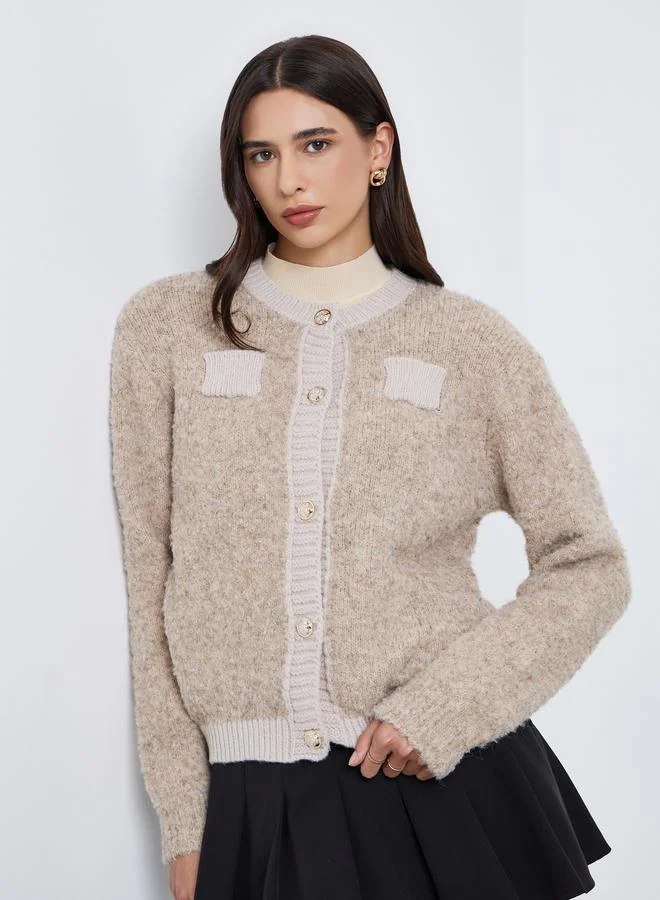 Styli Beige Regular Fit Mixed Yarn Cardigan