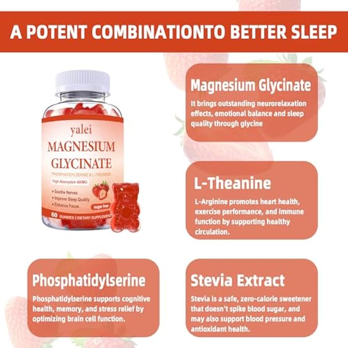 Yalei Magnesium Glycinate Gummies 400mg with L-Theanine,Phosphatidylserine–Sleep, Stress & Muscle Relief, for Adults & Kids, Non-GMO, Vegan, Sugar Free,60 Gummie Strawberry Flavor - Image 4
