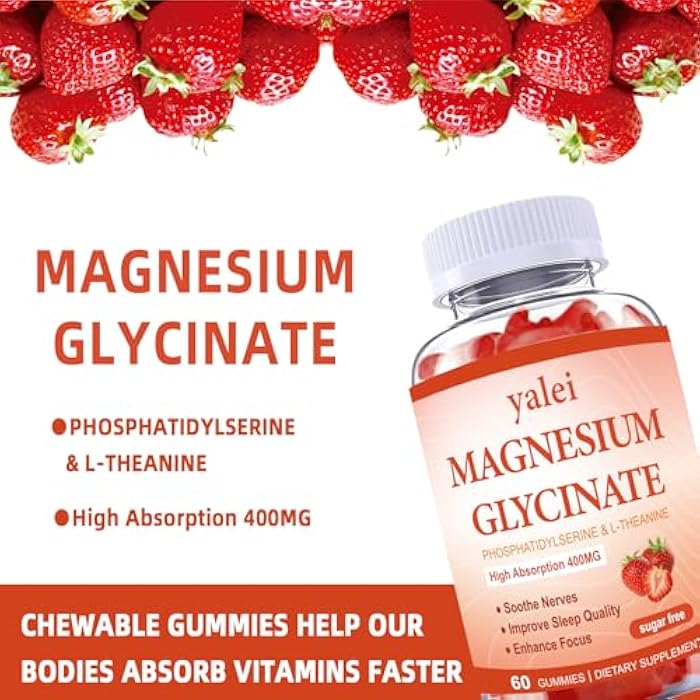 Yalei Magnesium Glycinate Gummies 400mg with L-Theanine,Phosphatidylserine–Sleep, Stress & Muscle Relief, for Adults & Kids, Non-GMO, Vegan, Sugar Free,60 Gummie Strawberry Flavor - Image 5